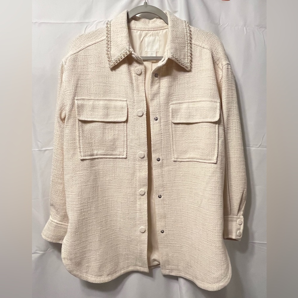 H&M Cream Utility Jacket with Pearl Beading Collar Sz S Winter White NWOT